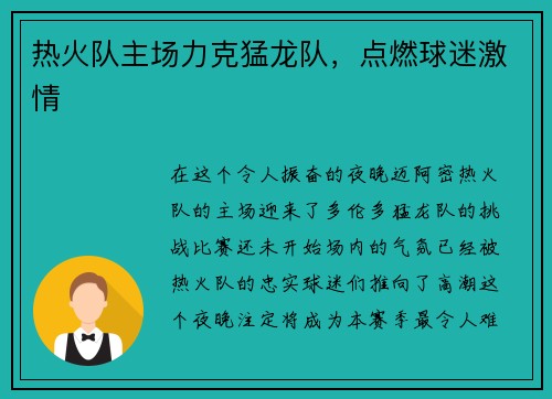 热火队主场力克猛龙队，点燃球迷激情